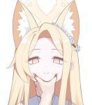  1boy 1girl animal_ear_fluff animal_ears blonde_hair blue_archive extra_ears forehead fox_ears fox_girl halo hand_on_another&#039;s_cheek hand_on_another&#039;s_face highres long_hair looking_at_viewer orange_eyes out_of_frame parted_bangs portrait pov pov_hands reia_76 sailor_collar school_uniform seia_(blue_archive) sensei_(blue_archive) sidelocks simple_background squeezing_cheeks white_background white_sailor_collar 