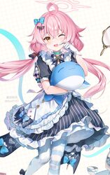  1girl absurdres ahoge apron aqua_bow asymmetrical_legwear black_bow black_dress blue_archive bow card cosplay_request dress fang finger_to_face frilled_apron frilled_dress frills gloves guzangnanfeng hair_bow halo highres holding holding_stuffed_toy hoshino_(blue_archive) long_hair looking_at_viewer maid mirror mismatched_legwear one_eye_closed open_mouth pink_hair pink_halo playing_card polka_dot polka_dot_background short_sleeves solo striped_clothes striped_thighhighs stuffed_toy stuffed_whale thigh-highs white_apron white_gloves white_thighhighs yellow_eyes 