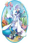  air_bubble blue_eyes blue_hair border bubble corsola english_text finneon fish highres lumineon luvdisc navel no_humans octillery pokemon pokemon_(creature) primarina round_border satotsu seaweed smile starfish triangle_mouth white_border 