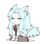  1girl angela_(project_moon) animal_ears blue_hair cat_ears cat_tail closed_mouth coat collared_shirt lab_coat lobotomy_corporation long_hair long_sleeves necktie pantyhose parted_bangs project_moon red_necktie shirt sidelocks simple_background sitting solo ssmr_rolling tail very_long_hair wariza white_background white_coat 
