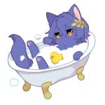  1boy animal_focus animalization bath bathing bathtub bubble_bath cat closed_eyes closed_mouth dr._ratio_(honkai:_star_rail) eyeshadow floating hair_between_eyes hair_ornament highres honkai:_star_rail honkai_(series) leaf_hair_ornament makeup male_focus nasuka_gee orange_eyes purple_cat purple_fur purple_hair red_eyeshadow rubber_duck short_hair solo 