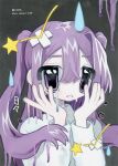  1girl crossed_bandaids crying crying_with_eyes_open dripping flower grey_background hair_between_eyes hands_up heart highres long_hair long_sleeves momose_kikuka original paint painting_(medium) parted_lips purple_hair solo star_(symbol) sticker sweatdrop sweater tears traditional_media translation_request two_side_up upper_body violet_eyes white_sweater 