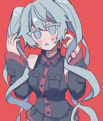  1girl @_@ absurdres alternate_costume black_shirt black_skirt blue_eyes blue_hair blush buttons collared_shirt cosplay detached_sleeves embarrassed fingernails hand_in_own_hair hands_up hatsune_miku highres kasane_teto kasane_teto_(cosplay) long_hair long_sleeves looking_at_viewer lower_teeth_only open_mouth red_background red_trim rtm1016 shirt skirt sleeveless sleeveless_shirt solo sweat teeth twintails upper_body utau vocaloid 