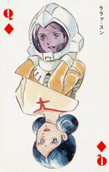  1980s_(style) 1girl bindi black_hair dark_skin diamond_(shape) gloves gundam happy highres lalah_sune looking_at_viewer magazine_scan military_uniform mobile_suit_gundam pilot_suit poker promotional_art queen_(playing_card) queen_of_diamonds retro_artstyle scan science_fiction smile spacesuit translation_request tunic uniform yasuhiko_yoshikazu zeon 