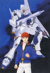  1990s_(style) 1boy amuro_ray beam_rifle char's_counterattack clenched_hands curly_hair energy_gun english_commentary gundam hi-nu_gundam highres jacket kitazume_hiroyuki looking_at_viewer mecha military military_uniform mobile_suit nebula official_art painting_(medium) redhead retro_artstyle robot scan serious space starry_background traditional_media uniform v-fin weapon 