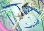  alternate_color bamboo colored_skin commentary_request day falling gallade highres kou_(xcws3487) outdoors pokemon pokemon_(creature) red_eyes shiny_pokemon solo white_skin 