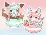  :&lt; :3 arm_up cherry claws creature food fruit gradient_background looking_at_viewer macaron maid_headdress no_humans okamori_kuo open_mouth original outline pink_background sprinkles strawberry white_outline 
