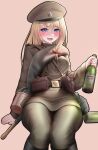  1girl absurdres ammunition_pouch baton_(weapon) belt blanket blonde_hair blue_hair blush boots bottle bow brown_shirt canteen drunk girls_frontline glass_bottle hair_bow hand_on_chair hat highres holding holding_bottle looking_at_viewer military_hat military_uniform mosin-nagant_(girls&#039;_frontline) neptune_zx pouch red_bow russian_clothes shirt sitting solo uniform wariza weapon 