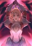  1girl armor arms_up aura blonde_hair breastplate clarent_(fate) dark_aura fate/grand_order fate_(series) faulds fighting_stance furrowed_brow gauntlets green_eyes half_up_braid high_ponytail highres looking_at_viewer mordred_(fate) mordred_(fate/apocrypha) open_mouth parted_bangs red_background red_shirt shirt short_ponytail solo standing straight-on teeth wuren_daoshang_dekezong 