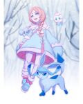  bare_tree blonde_hair blue_coat blue_eyes blue_footwear blurry blurry_background bow braid coat cubchoo glaceon hair_bow highres long_hair outdoors pokemon pokemon_(creature) shay0316 snowing tree vanillite white_bow 
