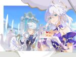  1boy 1girl aqua_eyes asymmetrical_gloves bare_shoulders blurry blurry_background bracelet brother_and_sister cake cheong1110 closed_mouth detached_sleeves dress earrings english_commentary facial_mark food fork gloves halo head_wings highres holding holding_fork holding_plate honkai:_star_rail honkai_(series) jewelry long_hair looking_at_viewer outdoors plate purple_dress robin_(honkai:_star_rail) short_sleeves siblings sitting smile sunday_(honkai:_star_rail) two-tone_dress uneven_gloves white_dress white_gloves white_wings wings 