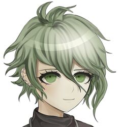  1boy amami_rantaro closed_mouth danganronpa_(series) danganronpa_v3:_killing_harmony ear_piercing green_eyes green_hair hair_between_eyes hasu_(kirajellysoup) highres jewelry messy_hair necklace piercing portrait short_hair simple_background smile solo white_background 