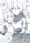  3girls :d absurdres caelus_(honkai:_star_rail) commentary english_commentary firefly_(honkai:_star_rail) greyscale hairband hews highres holding holding_photo honkai:_star_rail honkai_(series) if_they_mated long_hair looking_at_viewer monochrome mother_and_daughter multiple_girls outstretched_arm photo_(object) short_hair sketch smile sparkle speech_bubble trailblazer_(honkai:_star_rail) unfinished upper_body 