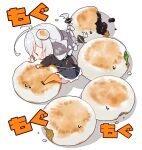  1girl absurdres antenna_hair black_dress black_jacket dress eating food food-themed_hair_ornament grey_hair hair_ornament highres jacket kizuna_akari long_hair long_sleeves milkpanda orange_thighhighs simple_background solo striped_clothes striped_thighhighs thigh-highs twintails vertical-striped_clothes vertical-striped_thighhighs voiceroid white_background 