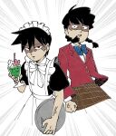  2boys anger_vein apron black_hair blue_bow bow brothers brown_skirt cropped_legs crossdressing cup emphasis_lines holding holding_cup holding_tray jacket kageyama_ritsu kageyama_shigeo long_sleeves maid maid_apron maid_headdress male_maid mob_psycho_100 multiple_boys official_alternate_costume parted_lips red_jacket shaded_face short_hair siblings skirt tray twitter_username ukata 