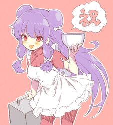  1girl :d apron blush bow bowl commentary_request cowboy_shot hair_bow holding holding_bowl ishida_aya long_hair looking_at_viewer mixed-language_commentary pants purple_hair ranma_1/2 red_background red_eyes red_pants shampoo_(ranma_1/2) simple_background sketch smile solo translation_request very_long_hair white_bow 