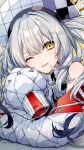  1girl fate/grand_order fate_(series) grey_hair hat jacket marie_antoinette_(alter)_(fate) marie_antoinette_(fate) moru one_eye_closed sleeves_past_fingers sleeves_past_wrists studded_jacket tongue tongue_out twintails twitter_username white_jacket yellow_eyes 
