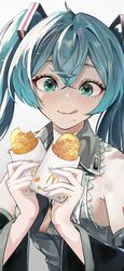  1girl :q absurdres aqua_hair aqua_nails blush commentary_request crossed_bangs eating food food_on_face green_eyes hash_browns hatsune_miku highres holding holding_food hxk4_n looking_at_viewer mcdonald&#039;s nail_polish solo tongue tongue_out twintails upper_body vocaloid 