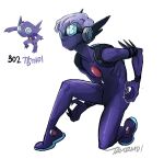  1boy bodysuit commentary fingernails full_body goggles male_focus on_one_knee personification pokemon pokemon_(creature) purple_bodysuit purple_hair reference_inset sableye sharp_fingernails short_hair signature simple_background tamtamdi translated white_background 
