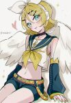  1boy androgynous angel_wings artist_name black_shorts black_sleeves blonde_hair blue_eyes chromatic_aberration detached_sleeves highres kagamine_len maca1227 navel neckerchief shadow shirt short_hair shorts solo sparkle stomach vocaloid white_shirt white_wings wings yellow_nails yellow_neckerchief 