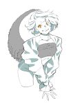  1girl commentary greyscale highres lizard_tail looking_at_viewer mitsuya_ryo monochrome original own_hands_together puffy_sleeves short_hair short_shorts shorts simple_background slit_pupils smile solo spot_color standing symbol-only_commentary tail yellow_eyes 