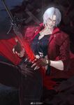  1boy black_gloves bleeding blood blood_on_clothes blood_on_face blue_eyes coat dante_(devil_may_cry) devil_may_cry_(series) devil_may_cry_5 fingerless_gloves gloves highres holding injury long_hair looking_at_viewer male_focus rebellion_(sword) red_coat sebby1725 smile solo sword torn_clothes weapon white_hair 