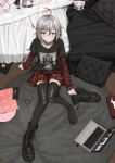 1girl :o absurdres ahoge bed belt black_footwear black_shirt black_t-shirt blush boots cellphone choker commission computer dakimakura_(object) doll earphones feet grey_hair highres jewelry laptop layered_shirt lobotomy_corporation lobotomy_corporation_logo lobsteranian long_hair looking_at_viewer looking_up no_shoes on_floor open_mouth original phone pillow plaid plaid_skirt print_shirt project_moon punk red_eyes red_skirt redhead ring shirt shoes short_hair sitting skirt socks solo striped_clothes striped_shirt striped_sleeves stuffed_toy t-shirt thigh-highs torn_clothes torn_thighhighs unworn_shoes