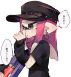  1girl black_hat cross from_side grey_eyes gun hat holding holding_gun holding_weapon inkling_girl inkling_player_character iron_cross long_hair mole mole_under_mouth parted_lips pointy_ears sahata_saba simple_background solo speech_bubble splatoon_(series) translation_request weapon white_background 