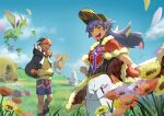  2boys :d absurdres cape champion_uniform charizard clouds commentary_request dark-skinned_male dark_skin day dreepy duraludon falling_petals flower flygon fur-trimmed_cape fur_trim goomy grass headband highres hood hoodie knees leggings leon_(pokemon) male_focus multiple_boys open_mouth orange_headband outdoors petals pokemon pokemon_(creature) pokemon_swsh raihan_(pokemon) red_cape shirt shorts sky smile standing teeth tent torkoal white_leggings white_shorts wristband yunoru 