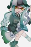  1girl black_hat bucket_hat cross-laced_footwear fang green_footwear green_hair green_hat green_sweater hat highres holding holding_weapon icebo_x_x inkling inkling_girl inkling_player_character long_hair low-tied_long_hair multicolored_hat open_mouth painbrush_(splatoon) pointy_ears print_sweater shoes simple_background solo splatoon_(series) splatoon_3 sweater tentacle_hair weapon white_background white_hat yellow_eyes 