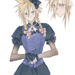  1boy black_skirt blue_corset blue_eyes bow braid cloud_strife cloud_strife_(blue_dress) corset crossdressing dangle_earrings earrings final_fantasy final_fantasy_vii final_fantasy_vii_remake fishnet_armwear hair_between_eyes hair_bow highres jewelry kinokowa long_hair looking_at_viewer male_focus multiple_views official_alternate_costume own_hands_together pendant_choker pink_bow puffy_short_sleeves puffy_sleeves short_sleeves skirt solo spiky_hair twin_braids upper_body white_background 