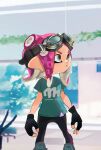  1girl :/ arms_at_sides black_gloves blue_shirt closed_mouth fingerless_gloves gloves goggles goggles_on_head grey_eyes highres koike3582 legs_apart long_hair octoling octoling_girl octoling_player_character pink_hair shirt short_sleeves solo splatoon_(series) standing suction_cups t-shirt tentacle_hair 
