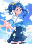 1girl azure_blue_t-shirt blue_eyes blue_hair blue_shirt blue_skirt blue_sky blue_t-shirt blue_thighhighs bow clouds cloudy_sky cowboy_shot cut_bangs dated day feathers foreshortening grin hair_bow half-closed_eyes hanzou highres hirogaru_sky!_precure light_particles long_sleeves looking_at_viewer medium_hair miniskirt outdoors precure reaching reaching_towards_viewer shirt side_ponytail single_sidelock skirt sky smile solo sora_harewataru standing t-shirt thigh-highs twitter_username white_t-shirt wind yellow_bow