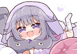  1girl :d blush blush_stickers character_pillow chibi chibi_only grey_hair highres hololive hololive_english hood hoodie koseki_bijou kukie-nyan looking_at_viewer loungewear lying no_shoes on_stomach open_mouth pebble_(koseki_bijou) smile socks solo the_pose violet_eyes virtual_youtuber white_socks 