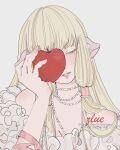  1girl apple artist_name bad_source blonde_hair blunt_bangs chii chobits close-up dress english_commentary food frilled_dress frills fruit hair_over_shoulder highres holding holding_food holding_fruit jewelry long_hair looking_down necklace one_eye_covered parted_lips pearl_necklace robot_ears simple_background solo upper_body zlue 