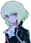  1boy aiguillette ascot black_jacket closed_mouth colored_eyelashes green_hair jacket jihecchi lio_fotia looking_to_the_side medium_hair promare simple_background solo upper_body violet_eyes white_ascot white_background 