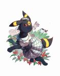  ;( book chufflepop coffee coffee_mug colored_sclera commission cup flower full_body hat highres looking_at_viewer mug no_humans open_book pokemon pokemon_(creature) red_flower red_sclera simple_background skirt sylveon umbreon 