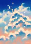  blue_clouds blue_hair blue_sky cloud_focus clouds cloudy_sky day dragon eastern_dragon highres jauni_(tofublock) orange_clouds original outdoors red_eyes scenery sky sparkle sun sunlight whiskers wide_shot 