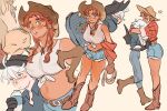  2girls alternate_costume ass belt blue_eyes blue_shorts boots braid breasts brown_belt brown_footwear brown_hat closed_mouth cow cowboy_boots cowboy_hat crop_top dark-skinned_female dark_skin denim denim_shorts gundam gundam_suisei_no_majo hat heart height_difference highres hug jeans large_breasts long_hair milfcookiesimp miorine_rembran multiple_girls navel pants parted_lips redhead short_shorts shorts suletta_mercury twin_braids white_hair yuri 