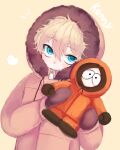  1boy animification blonde_hair blue_eyes character_doll character_name commentary doll fur-trimmed_hood fur_trim holding holding_doll hood hood_up hooded_jacket jacket kenny_mccormick long_sleeves looking_at_viewer male_focus mittens open_mouth solo south_park toqha3247 upper_body yellow_background zipper_pull_tab 