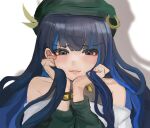 1girl beret black_hair blue_hair blush colored_inner_hair commentary_request eyeliner fate/grand_order fate_(series) green_hat green_jacket grey_eyes hands_on_own_face hat highres jacket jewelry looking_at_viewer makeup multicolored_hair neck_ring o-ring solo tenochtitlan_(fate) tenochtitlan_(second_ascension)_(fate) wavy_hair zipper 