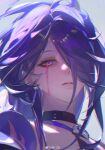  acheron_(honkai:_star_rail) black_choker blood blood_from_eyes choker earrings glowing glowing_eye hair_over_one_eye highres honkai:_star_rail honkai_(series) jewelry long_hair parted_lips portrait purple_hair quemenxue simple_background single_earring solo violet_eyes weibo_logo weibo_watermark 