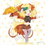  1girl animal bird bird_girl bird_tail bird_wings blonde_hair feathered_wings full_body greater_bird-of-paradise_(kemono_friends) head_wings kemono_friends kikuchi_milo long_hair looking_at_viewer multicolored_hair shoes shorts simple_background sweater tail thigh-highs wings yellow_eyes 