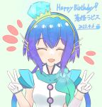  1girl aoki_lapis blue_hair closed_eyes commentary_request dated diamond_(gemstone) double_v gem gloves happy_birthday headphones highres long_hair low_twintails multicolored_hair open_mouth purple_hair scarf see-through see-through_sleeves short_sleeves single_sleeve smile solo twintails upper_body v vocaloid wixa14_shin 