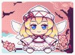  1girl blonde_hair blue_eyes bow cherry_blossoms closed_mouth commentary dress english_commentary full_body fumo_(doll) hat lily_white long_hair long_sleeves looking_at_viewer outdoors pixel_art red_bow smile solo suwa_lagito touhou white_dress white_hat wings 