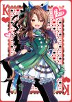  1girl absurdres bare_shoulders black_gloves black_thighhighs brown_eyes brown_hair card club_(shape) diamond_(shape) dress ear_covers frilled_dress frills garter_straps gloves green_dress highres horse_girl king_(playing_card) king_halo_(umamusume) king_of_hearts_(playing_card) layered_sleeves looking_at_viewer neko_senshi open_mouth playing_card puffy_short_sleeves puffy_sleeves short_sleeves smile solo spade_(shape) thigh-highs umamusume 