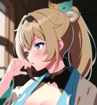  1girl blonde_hair blue_eyes blush bow hair_bow hololive japanese_clothes kazama_iroha kazama_iroha_(1st_costume) kimono multicolored_bow open_mouth pon_tanuki_(ga7fsrge9jxblaw) ponytail solo virtual_youtuber white_kimono 