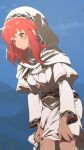  1girl ahonoko blue_sky commentary_request dress fire_emblem fire_emblem:_mystery_of_the_emblem grass highres hood hood_up hooded_dress jewelry lena_(fire_emblem) long_sleeves looking_to_the_side medium_hair necklace red_eyes redhead sky solo white_dress 