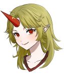  1girl blonde_hair closed_mouth collarbone commentary_request highres horns hoshiguma_yuugi karubo_100sei long_hair looking_at_viewer medium_bangs parted_bangs pointy_ears portrait red_eyes red_horns simple_background single_horn smile solo star_(symbol) touhou white_background 