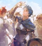  2boys 2girls alain_(unicorn_overlord) arm_up armor blue_cloak blue_hair blue_sky breastplate brown_gloves brown_hair chloe_(unicorn_overlord) cloak commentary day gloves hand_on_own_hip highres holding holding_staff lex_(unicorn_overlord) light_particles light_smile long_hair looking_up male_focus multiple_boys multiple_girls noir_(ibaraki) parted_bangs red_eyes redhead scarlett_(unicorn_overlord) shield short_hair sketch sky staff unicorn_overlord upper_body 